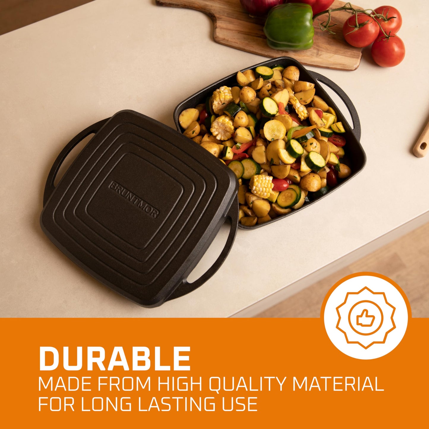 Bruntmor 2-in-1 Pre-Seasoned Cast Iron Dutch Oven and Grill Pan with Dual Handles - 11-Inch Non Stick Square Casserole Dish with Lid - Cast Iron Cookware for Braising, Crock Pot and Oven Safe Skillet