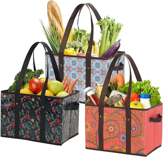 Foraineam Reusable Grocery Bags Set Durable Heavy Duty Tote Bag Collapsible Grocery Shopping Box Bag with Reinforced Bottom