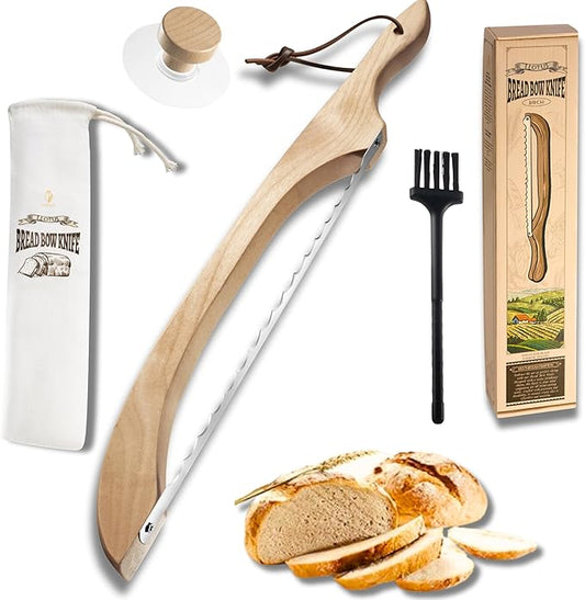 LLOTUS Bread Knife Package Slicer for Sourdough Bread, 16.5" Premium Wooden Bow Design, Premium Stainless Steel Serrated Saw, Cutter for cutting Loaf, Sandwich, Bagels, Homemade Bread & more - Birch