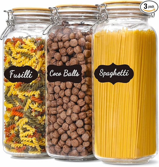 VITEVER [ Taller ] 92oz Glass Jars with Airtight Lid, Large Glass Food Storage Jars, 3 Pack Wide Mouth Airtight Glass Jars for Kitchen Pantry Spaghetti, Square Mason Jars with Labels