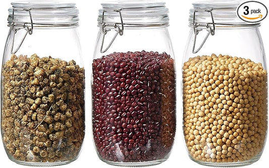 ODBCYWM 51oz Glass Food Storage Jars with Airtight Lids, Set of 3 – Clear Preserving Seal Wire Clip Fastening Canisters for Kitchen Canning, Flour, Cereal, Pasta, Sugar, Beans, Pickling Jars (51oz*3)