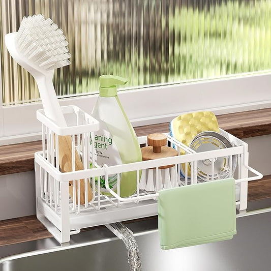 SWTYMIKI Sponge Holder for Kitchen Sink - Sink Caddy with Brush Holder Self-draining Sponge Caddy Organizer with Divider Stainless Steel Kitchen Accessories Storage for Countertop, White