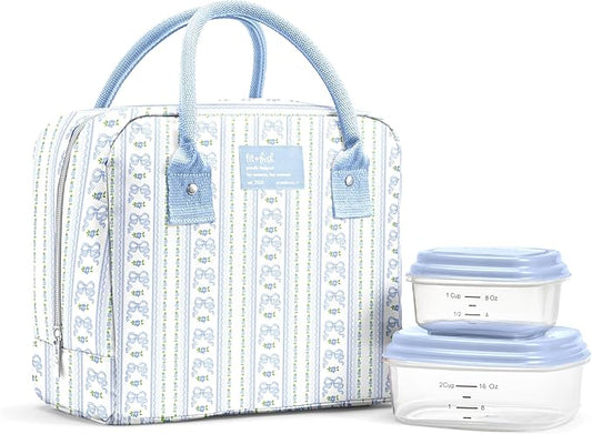 Fit & Fresh Bloomington Lunch Bag for Women - Insulated Large Lunch Box for Work with Containers, Leak-Resistant, Stain-Resistant, Zipper Closure, Blue Wallpaper Bows