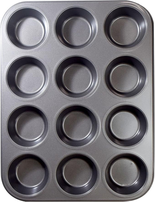 Ecolution Bakeins 12 Cup Muffin and Cupcake Pan – PFOA, BPA, and PTFE Free Non-Stick Coating – Heavy Duty Carbon Steel – Dishwasher Safe – Gray – 13.75” x 8.25” x 1.125”