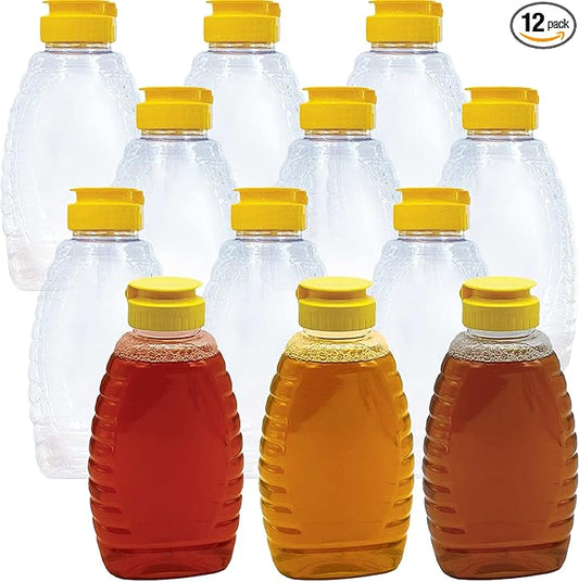 Easy Squeeze 12 Pk 12 Oz Empty Honey Bottles. BPA-Free Food-Safe PET Plastic Honey Dispenser. Flip-Top Refillable Syrup Container. Great for Storing and Serving BBQ Pasta Sauces or Salad Dressings.