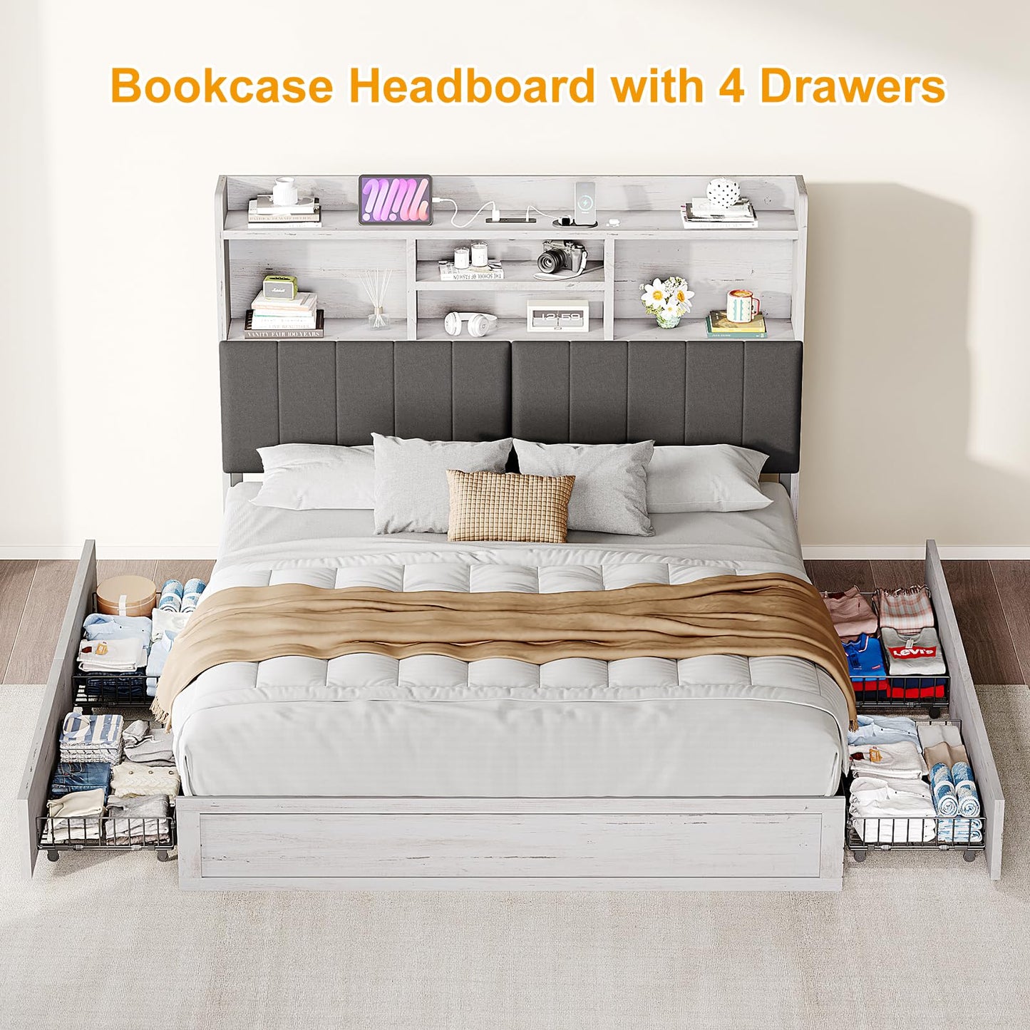 YUMPIE King Bed Frame with Bookcase Headboard, Farmhouse Upholstered Platform Bed with 4 Storage Drawers, LED Bed with Charging Station, Wood Slats Support, No Box Spring Needed, Distressed White