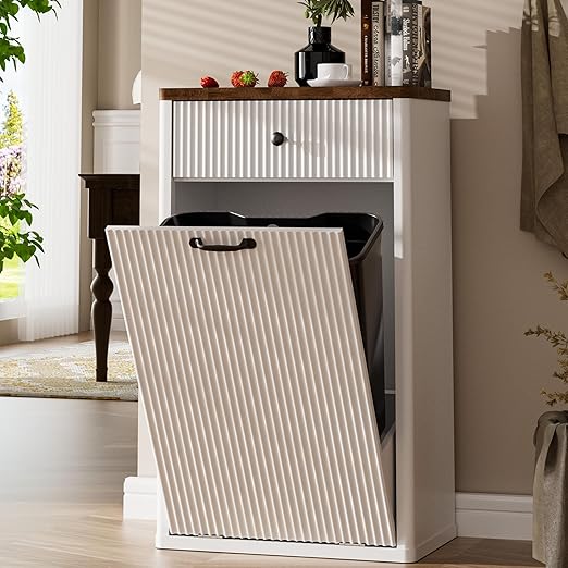 Spurgehom 13 Gallons Tilt Out Trash Can Cabinet Freestanding Kitchen Trash Can Modern Hidden Garbage Recycling Cabinets with Hideaway Drawer Pet Proof Trash Can Holder for Kitchen, White