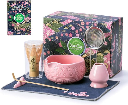 Buucup Matcha Whisk Set, Ceramic Matcha Kit Set Includes Matcha Bowl, Matcha Whisk and Holder, Bamboo Scoop, Scoop Rest, Sifter and Tea Towel - 7 Pcs Matcha Kit for Matcha Lovers (Pink)