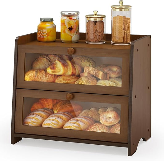 JANSNIMEN Double Layer Bread Box for Kitchen Countertop, Large Breadbox Bread Container Storage with Acrylic Door, Wooden Farmhouse Bread Holder (Brown, Medim-15.7" L x 9.5" W x 13" H)