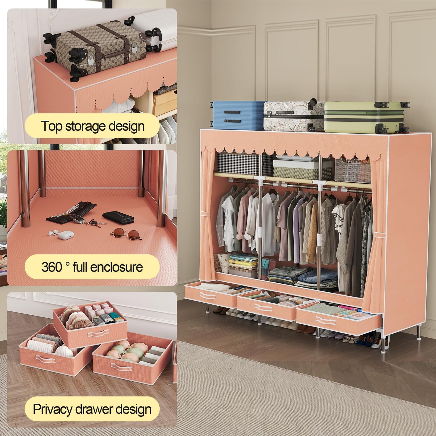 LEAIJIAFY Portable Armories Wardrobe, 65" Tall, Metal Frame with Cute Pink Non-Woven Cover, 3 Hanging Areas, Drawers and Shelves,for Small Room Clothing Storage