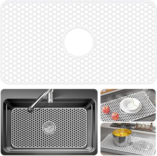 Bestjing Silicone Sink Protectors for Kitchen Sink with Center Drain - 24.8"x 13" Kitchen Protector Accessory, Non-Slip Heat Resistan Mat for Bottom of Farmhouse Stainless Steel Porcelain (White)