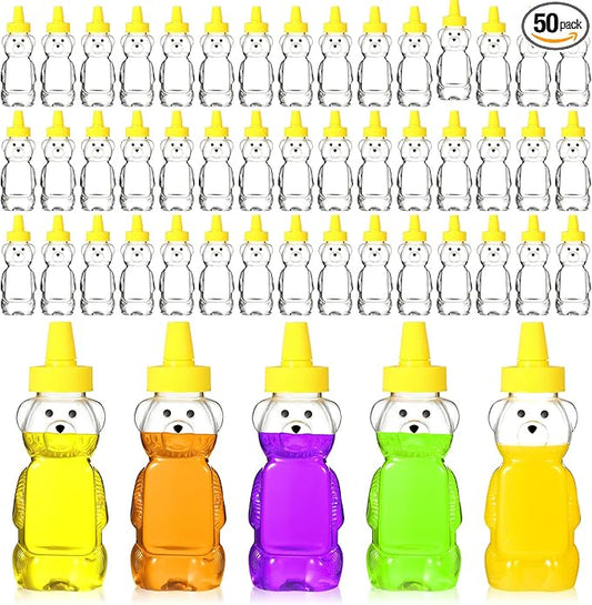 Roshtia 50 Pcs 5 oz Honey Bear Bottles Plastic Empty Clear Squeeze Honey Container Cups Bear Reusable Juice Bottle Bulk with Leak Proof Spout Lids for Storing Dispensing Baby Shower Gifts