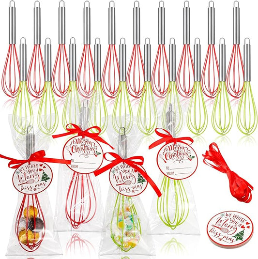 24 Sets 10 Inch Christmas Whisks Gifts DIY Fillable Christmas Tree Ornaments Xmas Colored Silicone Whisks for Cooking Heat Resistant Egg Beaters with Card Rope Bag for Candy Holder
