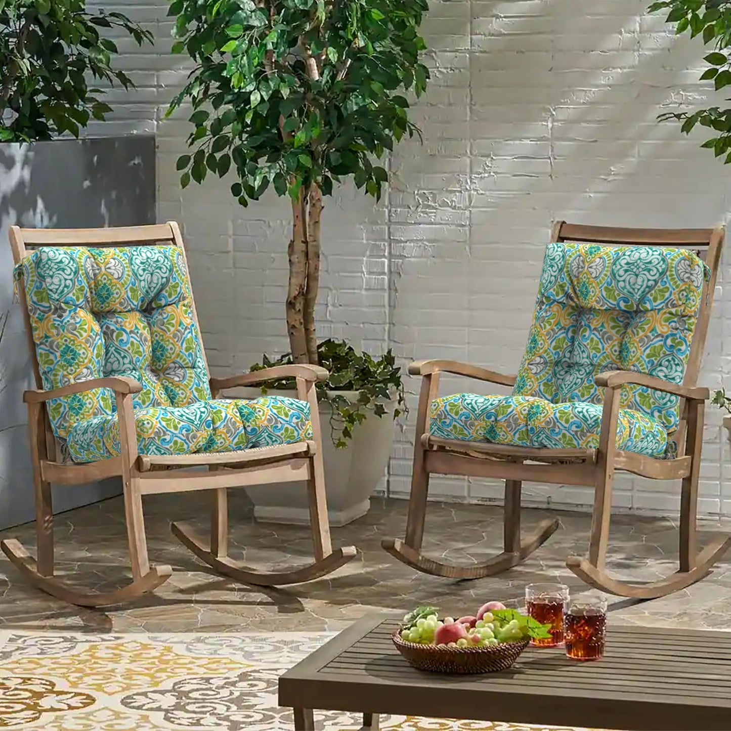 Melody Elephant Outdoor Chair Cushions, Tufted Back Patio Furniture Cushions Set of 2, Water Repellent Wicker High Back Chair Cushion for Home Garden Lounge Deep Chairs, 42x21x4 Inch, Damask Green