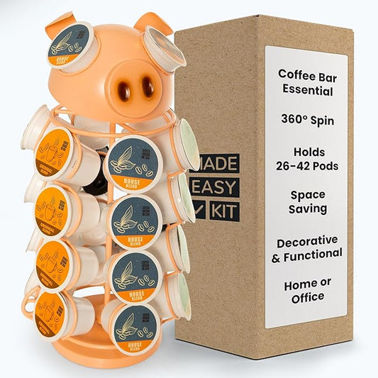 Made Easy Kit Carousel Coffee Pod Holder - Compatible with Keurig K-Pods K-Cups - Countertop 360 Spin Rack Storage Organizer - Revolving Base - Capsule Café Station Bar (Pig Pink, Small)