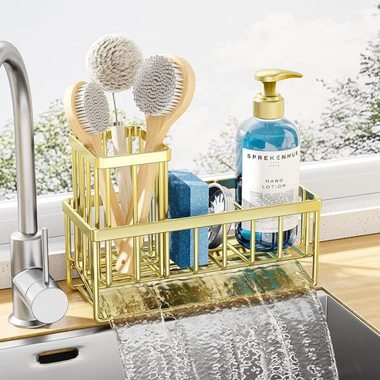 Kitsure Sponge Holder for Kitchen Sink - Rustproof Stainless Steel Sink Caddy Organization and Storage Essentials with High Brush Holder, Home Decor Accessories, 7.9" x 3.7" x 6.2", Gold