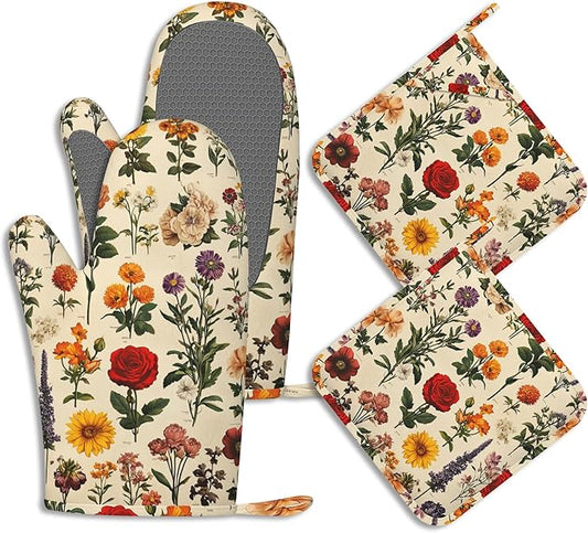 Wildflowers Red Rose Pot Holders and Oven Mitts Set Silicone Vintage Herb Kitchen Gloves Potholders Heat Resistant Washable,Chef Cooking Baking Gifts for Women Men Bakers Lover Cooks