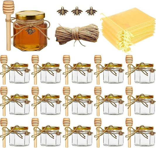 Adabocute Honey Pot 2oz, Mini Glass Honey Jars with Wood Dipper, Gold Lid, Bee Pendants, Beige Gift Bags, Thank-you Tags, Ideal for Baby Showers Favors Wedding Favors, 15 Pack