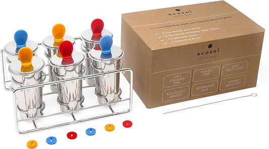 Ecozoi Stainless Steel Popsicle Molds, 6 Ice Popsicle Makers, 6 Stainless Steel Sticks, 12 Silicone Seals and 1 Coconut Cleaning Brush, Eco Popsicle Molds for Kids and Adults, 4 oz Per Mold (Round)
