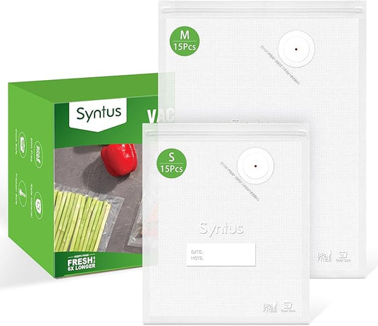 Syntus Vacuum Sealer Bags for Food, 30 Pcs Small Size 8" x 10" and Medium Size 10" x 13.8" Food Storage Bags for Sous Vide Cooking Microwave Heating, Air Valve Zipper Bags & Zip Clips