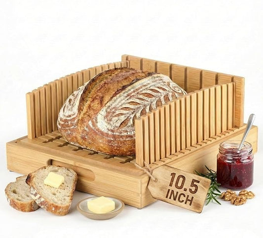 Sourdough Bread Slicer for Homemade Bread - 10.5" Extra Wide Premium Bamboo Guide for Large Round Loaves & Artisan Baking - Heavy Duty Stable Mortise-Tenon Structure with Crumb Catcher Tray