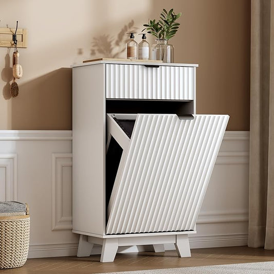 Modern Tilt Out Laundry Hamper Cabinet, 10 Gallon Wooden Trash Can Cabinet with Storage Drawer, Hidden Fluted Bathroom Storage Cabinet for Kitchen, Living Room (White, 20.47"W x 35.83"H x 13"D)