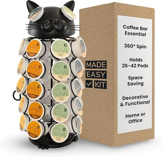 Made Easy Kit Carousel Coffee Pod Holder - Compatible with Keurig K-Pods K-Cups - Countertop 360 Spin Rack Storage Organizer - Revolving Base - Capsule Café Station Bar (Cat Black, Large)