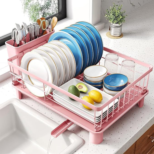 SNTD Dish Drying Rack - Small Dish Rack for Kitchen Counter, Stainless Steel Dish Drainer with Utensil Holder and Drainboard, 12.9" W x 16.9" L (Pink)