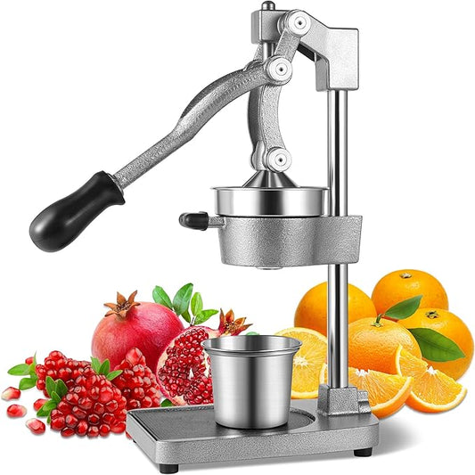 Cast Iron Manual Juicer Hand Press, Lemon Squeezer, Commercial-Grade Citrus Press Suitable for Oranges, Lemons, Limes, and Pomegranates Easy to Clean Includes Stainless Steel Cup, Gray
