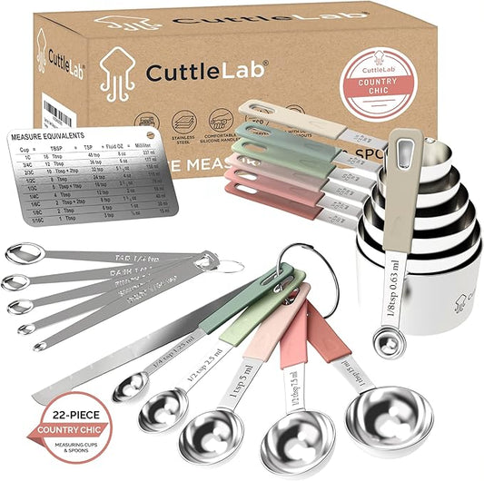 CuttleLab 22-Piece Stainless Steel Measuring Cups and Spoons Set, Tad Dash Pinch Smidgen Drop Mini Measuring Spoons, Measuring Stick Leveler, Measurement Conversion Chart Fridge Magnet, (Country Chic)