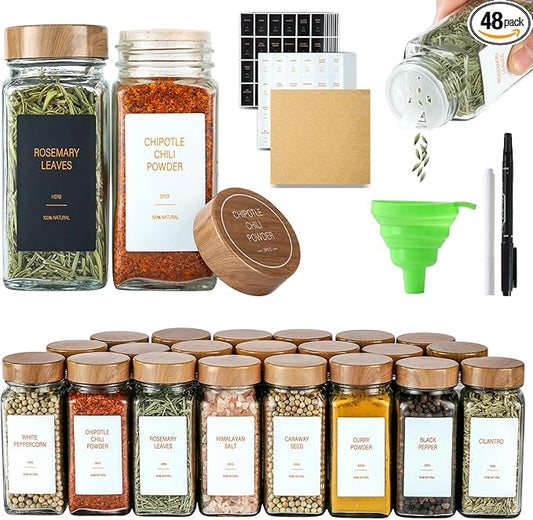 Spice Jars with Label，4oz Seasoning Containers, Glass Spice Bottles with Shaker Lids,Funnel, Chalk Pen (48)