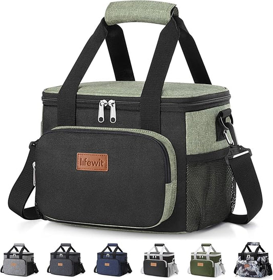 Lifewit Medium Lunch Bag, Insulated Lunch Box, Soft Cooler Cooling Tote for Adult Men Women, Black and Green 12-Can (9L)