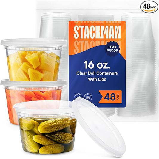 Stack Man Deli Containers with Lids [48 Sets - 16 oz.] Pint Plastic Soup Container - Disposable Deli Food Storage Containers with Airtight Lids for Freezer & Restaurant Takeout