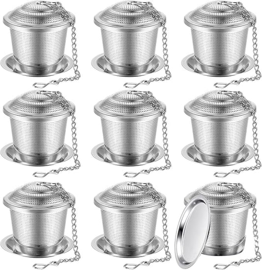 Zopeal 9 Pcs Tea Infuser Stainless Steel Strainer with Extended Chain Hook and Saucer Loose Leaf Steeper Fine Mesh Ball Tea Filter for Brew Spices Seasonings Fits Cup Mug Bottle (Medium)