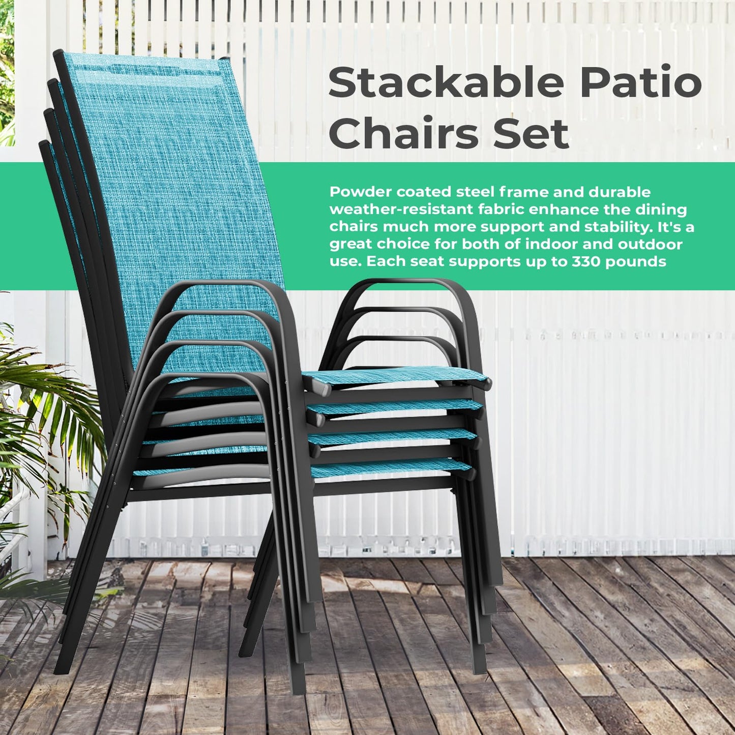 JEAREY Patio Dining Chairs Set of 4, Outdoor Stackable Dining Furniture Set, All Weather Dining Set for Lawn, Garden, Backyard, Poolside, Teal Blue