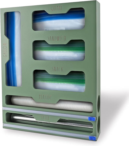 Rae Dunn Bamboo Bag Organizer for Kitchen Drawer - Durable Wood Organizer for Kitchen Storage - Holds Gallon, Quart, Snack, Sandwich Size Baggies, Plastic Wrap and Foil