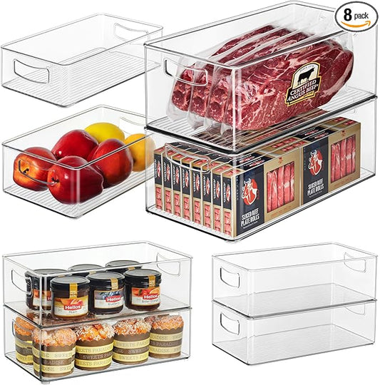 Hudgan 8 Pack Pantry Organizer and Storage, 2 Extra Large Stackable Freezer Organizer Bin, 3 Large Clear Storage Bin and 3 Medium Plastic Container for Home Edit, Kitchen Cabinet, Bathroom Shelf