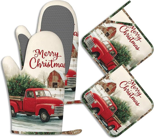 Red Truck Tree Pot Holders and Oven Mitts Set Silicone Winter Merry Christmas Kitchen Gloves Potholders Heat Resistant Washable,Chef Cooking Baking Gifts for Women Men Bakers Lover Cooks