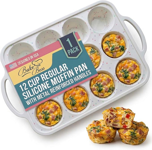 BAKE BOSS 1-Pack - Silicone Muffin Pan for Baking with Metal Reinforced Frame, 12 Cup Regular Size Cupcake Pan, BPA Free -Silicone Muffin Tray, Cupcake Baking Pan Molds for Oven Dishwasher Safe