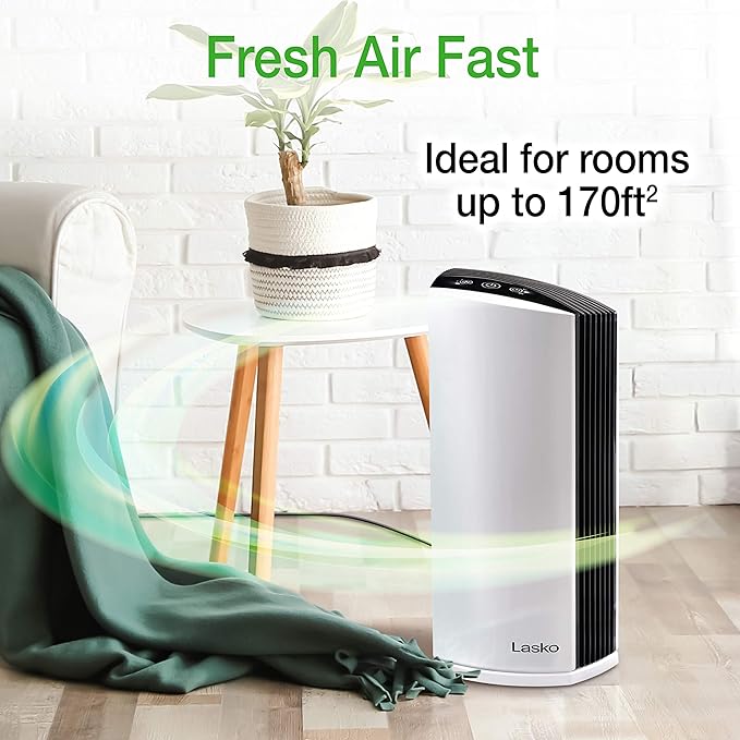 Lasko LP300 HEPA Tower Air Purifier with Timer for a Cleaner, Fresher Environment –2-Stage Filtration Removes Smoke, Odors, Pet Dander, Virus Sized Particles, Pollen, Dust, 21.6" x 7.3” x 10.3”, White
