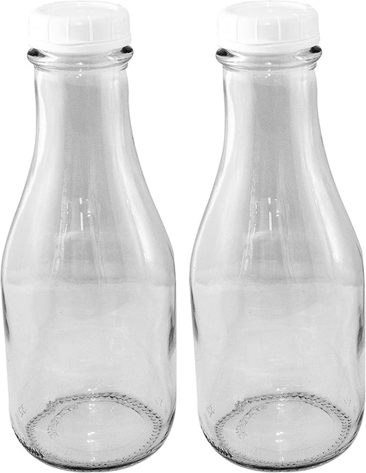 The Dairy Shoppe Glass Milk Bottle, Heavy Glass with Extra Lid, Creamery Style (2, Round Quart)