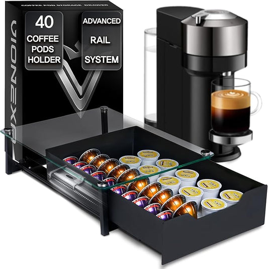 Coffee Pod Holder with Rail Drawer Compatible with Nespresso Vertuoline and K-cups Capsule - 40 Pods Capacity Tempered Glass and Anti-Slip Base Metal Coffee Pods Organizer 16.14x11.81x3.94