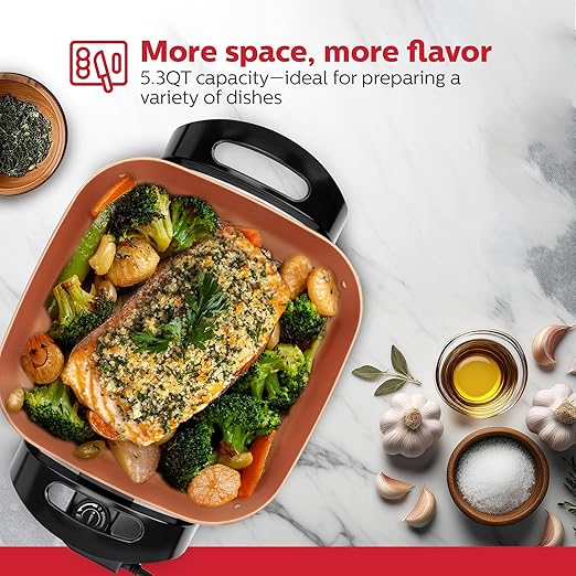 Holstein Housewares 12-Inch Electric Skillet - 1400W Electric Pan with Adjustable Temperature Control, PFOA-Free Non-Stick Coating, Cool-Touch Handles, Multi-Function Cooker, Copper & Black