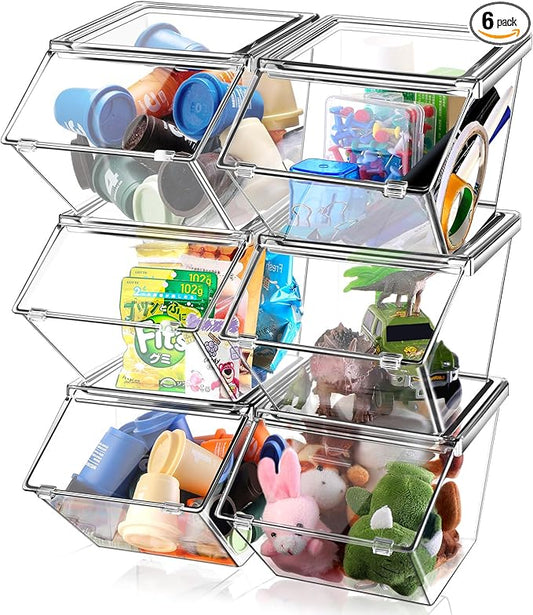 Yerliker 6 Pcs Clear Plastic Storage Bins with Lids Large Stackable Pantry Storage Organizer Bins Kitchen Organization Cabinet Organizers Ideal Containers for Fridge, Kitchen, Cabinets (Clear)