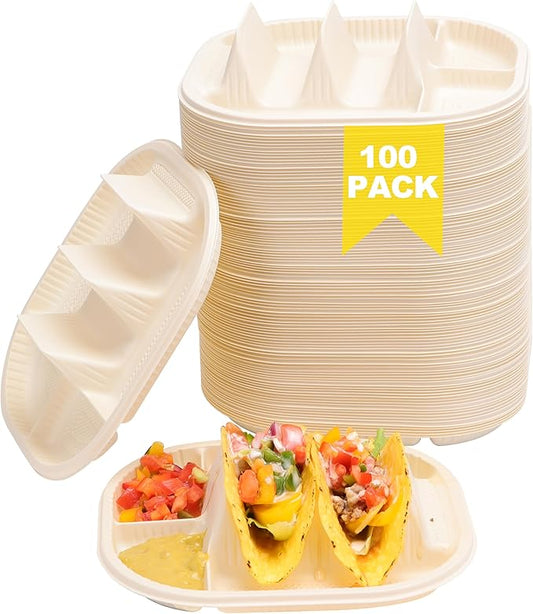 Small Disposable Taco Plates With Dipping Sides - 100 Pack, Biodegradable Cornstarch Taco Holder, Mini Size Fit 4-6 Inch Street Tortilla Shells, Sturdy & Microwave Safe, Bar Serving Set For A Party