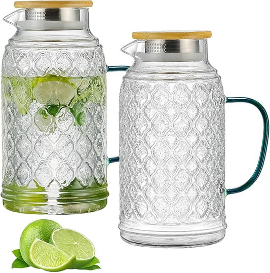 Buaic 2 PACK Glass Pitcher with Bamboo Lid, 68 oz/2L Vintage Water Pitcher, Clear Borosilicate Glass Water Carafe for Cold Brew, Coffee, Lemonade, Iced Sun Tea,Beverage, Heat Resistant Water Glass Jug