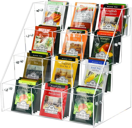 Tea Bag Organizer Holder, Acrylic Tea Packets Storage Box Container Display Stand Rack for Counter Cabinet Countertop Kitchen Office, 4 Tier