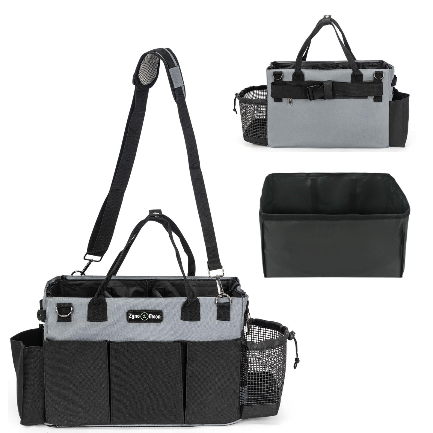 Zyno Moon Wearable Cleaning Caddy – Portable Detailing Organizer with Spill-Proof Liner, Straps & Handles – Large Tote for Cleaning Pros, Auto Detailers, and Housekeepers – Black/Gray