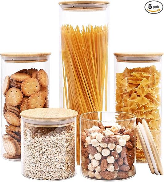 SHOWIN Glass Food Storage Jars, Glass Jars with Bamboo Lids, Kitchen Storage Jars, Canisters with Airtight Lids for Spice, Coffee, Cookie, Set of 5, Pantry Organizers