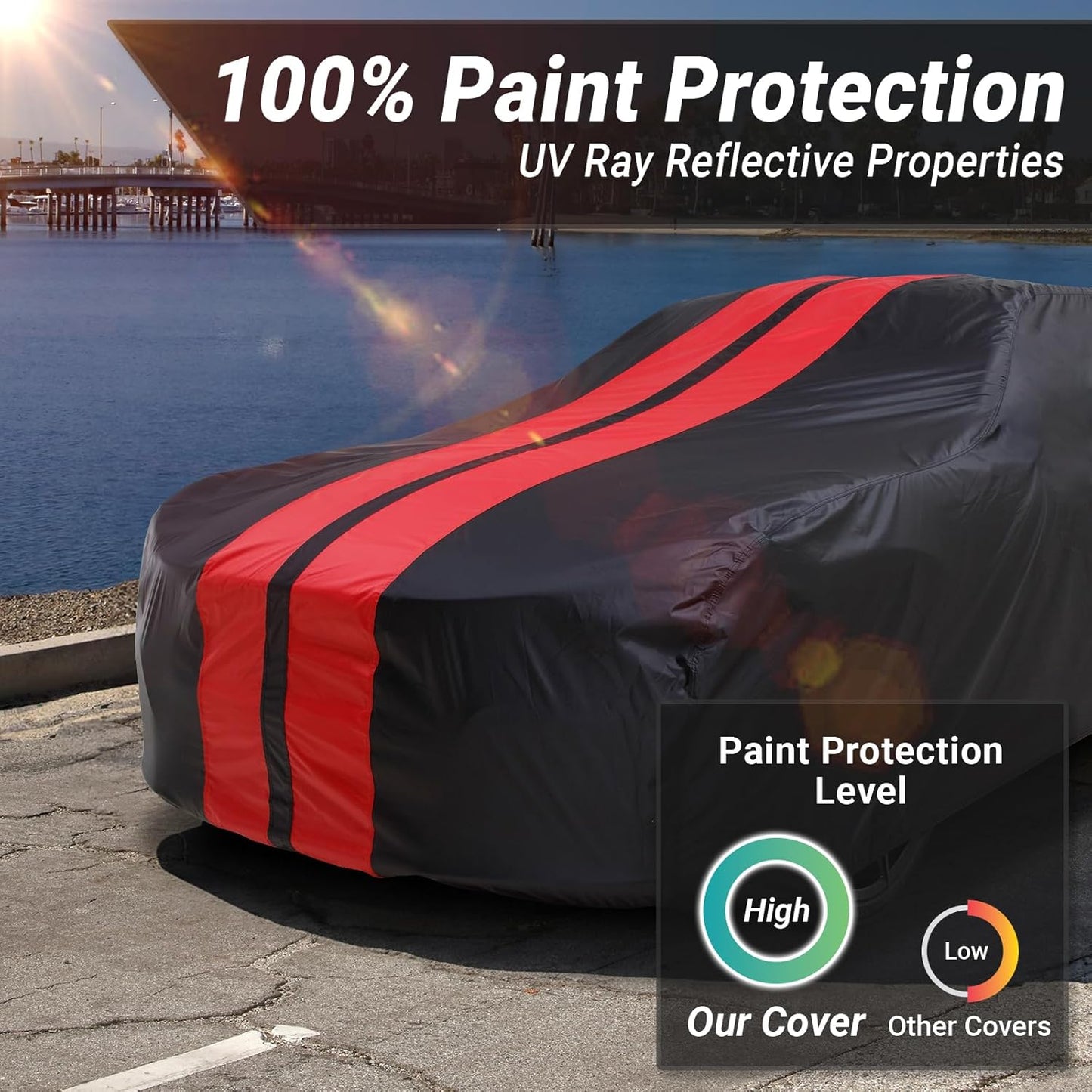 iCarCover Custom Car Cover for Chevy Stylemaster (1946-1948) Waterproof All Weather Rain Snow UV Sun Protector Full Exterior Indoor Outdoor Car Cover (Stripe - Black/Red)